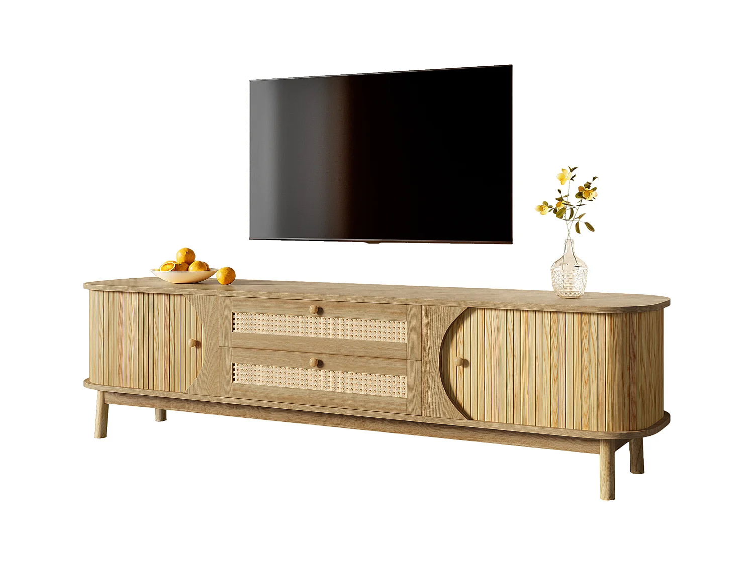 Meuble TV avec 2 tiroirs et 3 portes coulissantes - 170 x 39.5 x 46 cm - Panneaux de particules - naturel