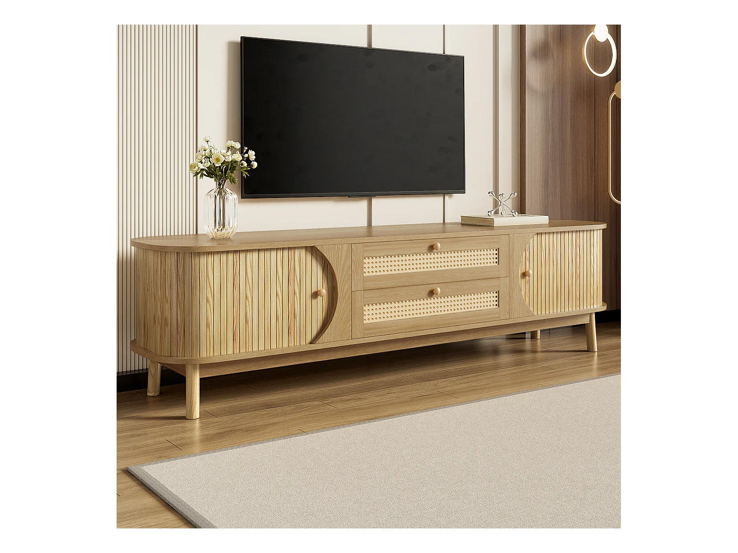 Meuble TV avec 2 tiroirs et 3 portes coulissantes - 170 x 39.5 x 46 cm - Panneaux de particules - naturel