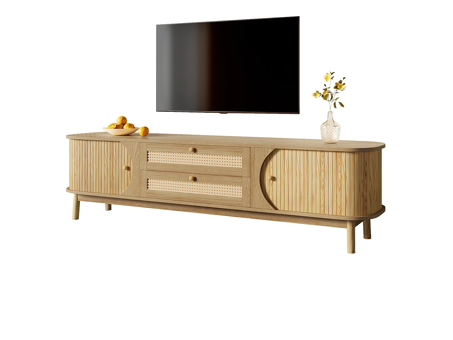 Meuble TV avec 2 tiroirs et 3 portes coulissantes - 170 x 39.5 x 46 cm - Panneaux de particules - naturel