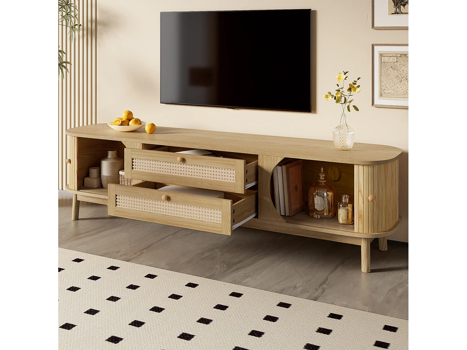 Meuble TV avec 2 tiroirs et 3 portes coulissantes - 170 x 39.5 x 46 cm - Panneaux de particules - naturel