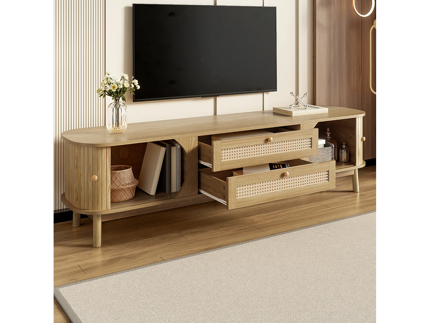 Meuble TV avec 2 tiroirs et 3 portes coulissantes - 170 x 39.5 x 46 cm - Panneaux de particules - naturel