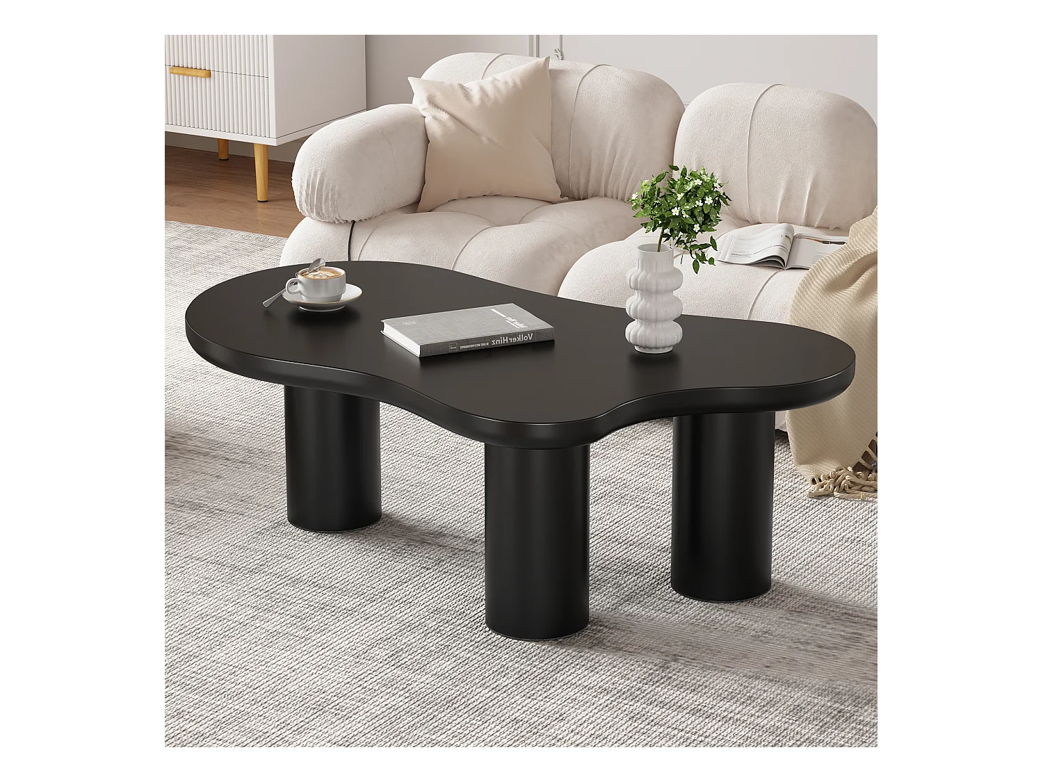 Table basse en forme de nuage irrégulier - 107 x 66 x 40.5 cm - Plateau en MDF et pieds en PVC - Noir