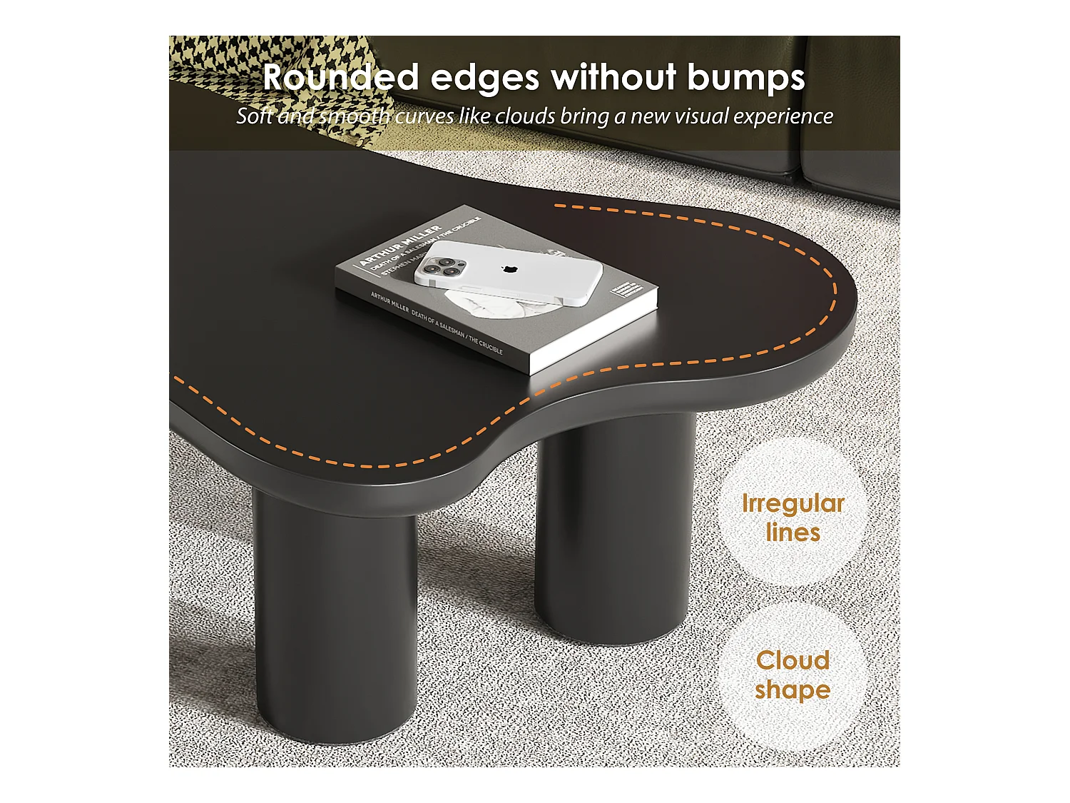 Table basse en forme de nuage irrégulier - 107 x 66 x 40.5 cm - Plateau en MDF et pieds en PVC - Noir