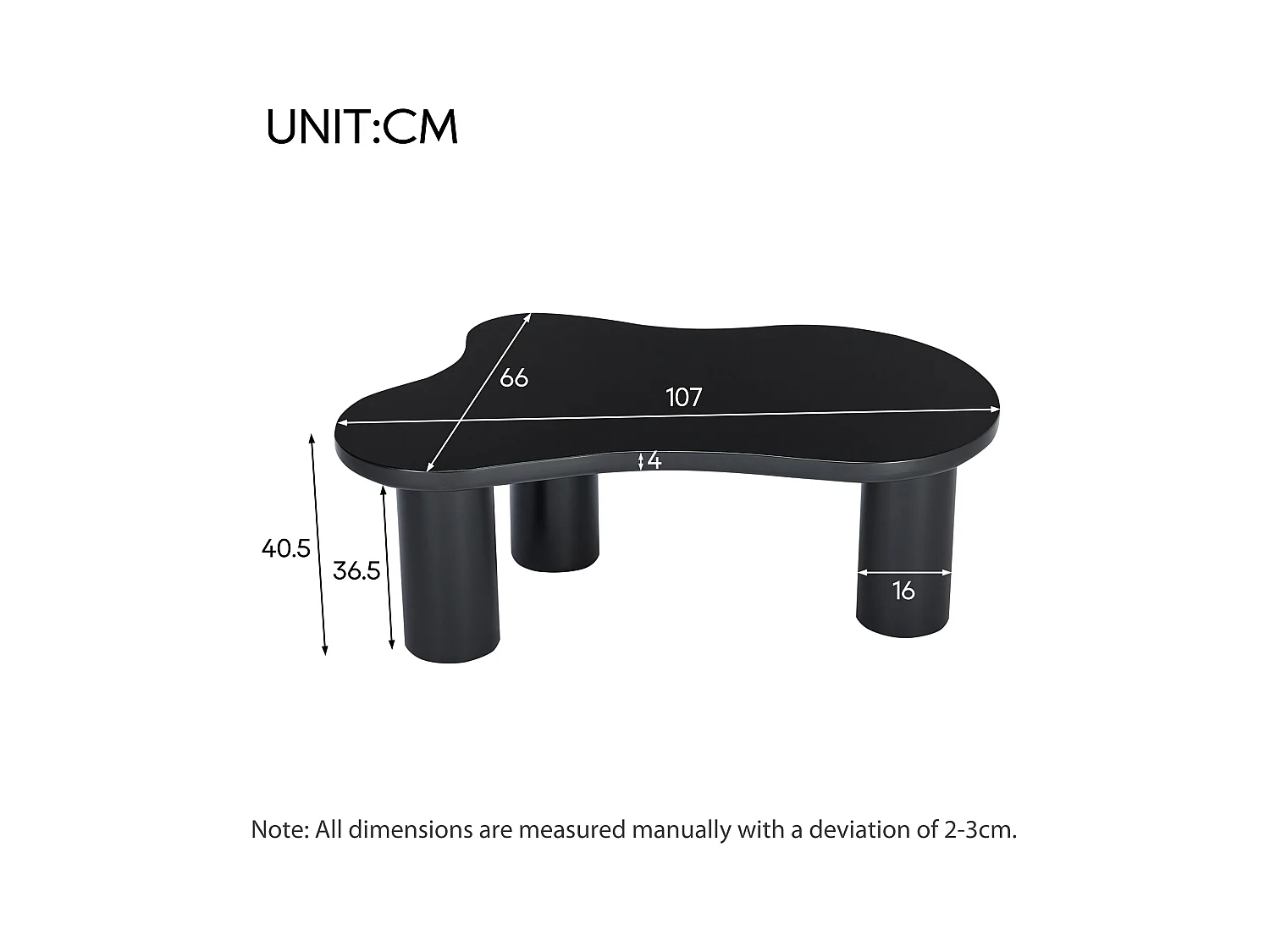 Table basse en forme de nuage irrégulier - 107 x 66 x 40.5 cm - Plateau en MDF et pieds en PVC - Noir