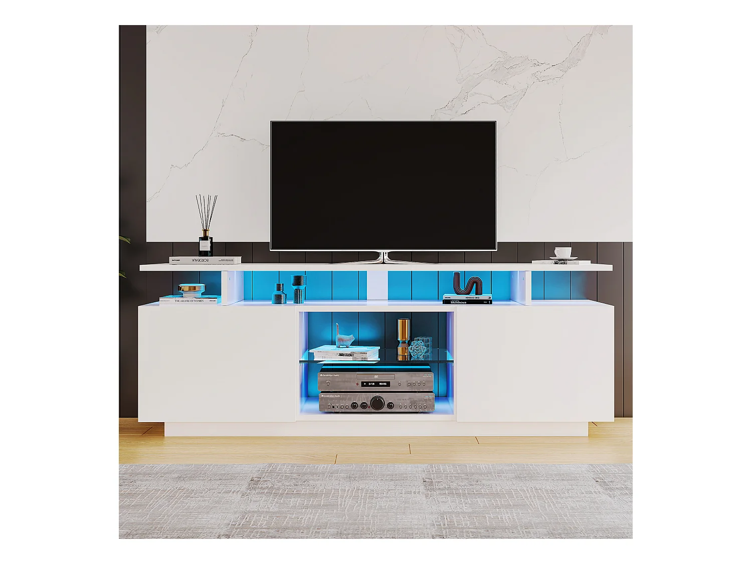 Meuble TV avec 2 portes et étagères pour téléviseur 60" - 140 x 35 x 55 cm - LEDs - Panneaux de particules - blanc brillant