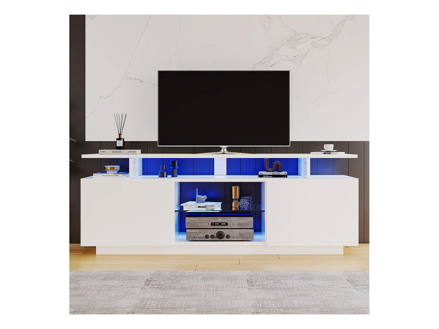 Meuble TV avec 2 portes et étagères pour téléviseur 60" - 140 x 35 x 55 cm - LEDs - Panneaux de particules - blanc brillant