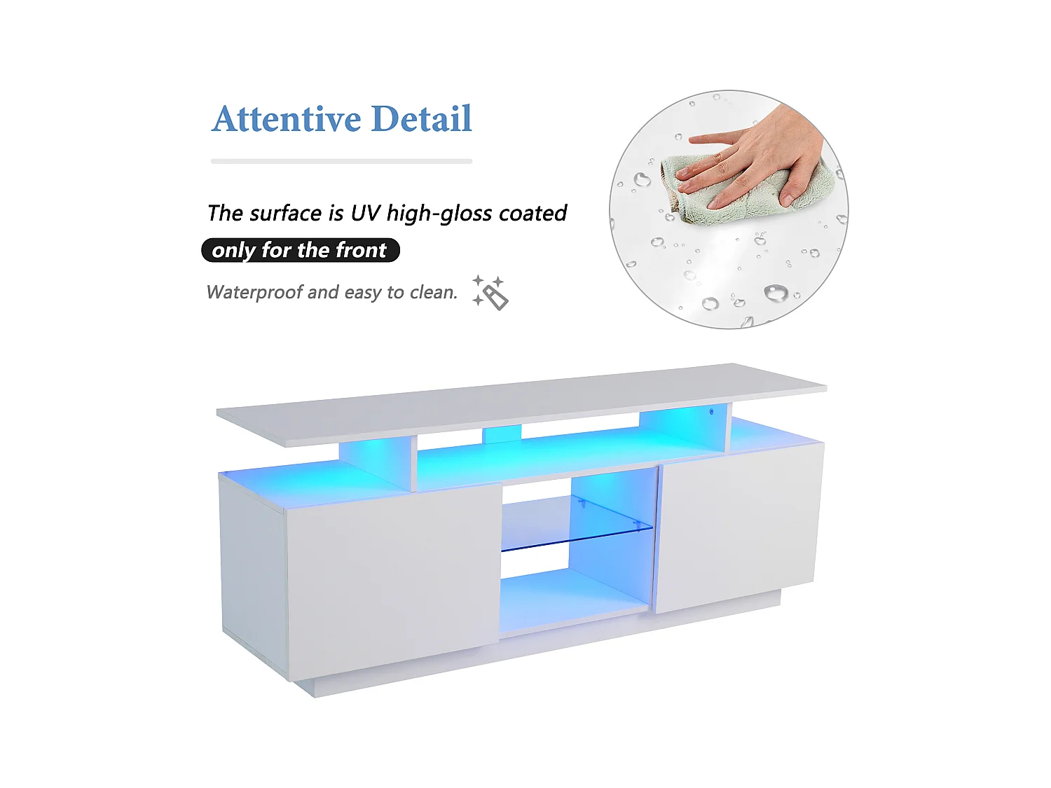 Meuble TV avec 2 portes et étagères pour téléviseur 60" - 140 x 35 x 55 cm - LEDs - Panneaux de particules - blanc brillant