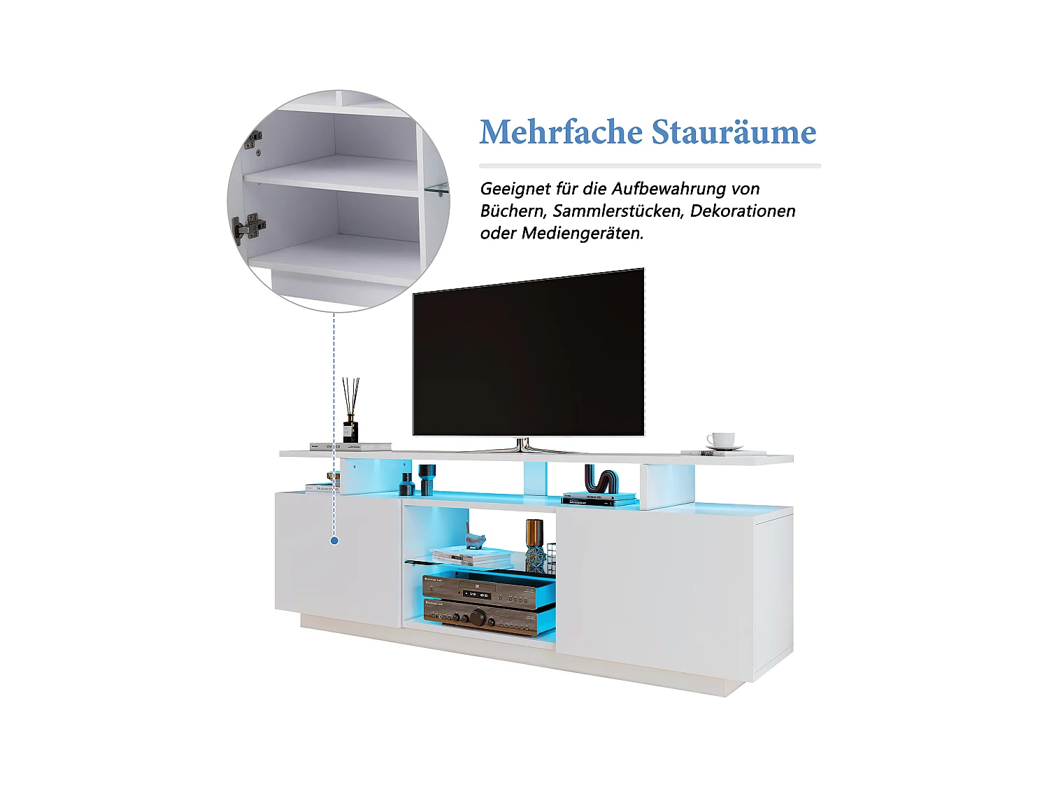 Meuble TV avec 2 portes et étagères pour téléviseur 60" - 140 x 35 x 55 cm - LEDs - Panneaux de particules - blanc brillant