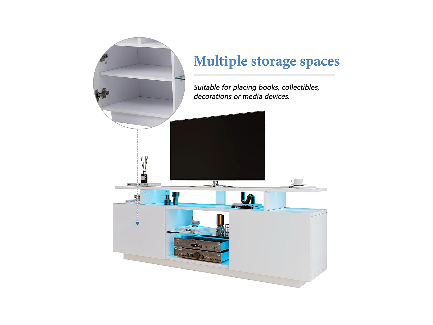 Meuble TV avec 2 portes et étagères pour téléviseur 60" - 140 x 35 x 55 cm - LEDs - Panneaux de particules - blanc brillant