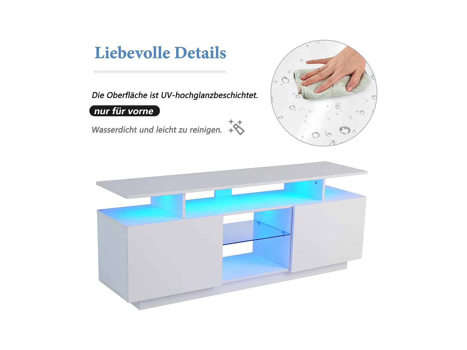 Meuble TV avec 2 portes et étagères pour téléviseur 60" - 140 x 35 x 55 cm - LEDs - Panneaux de particules - blanc brillant