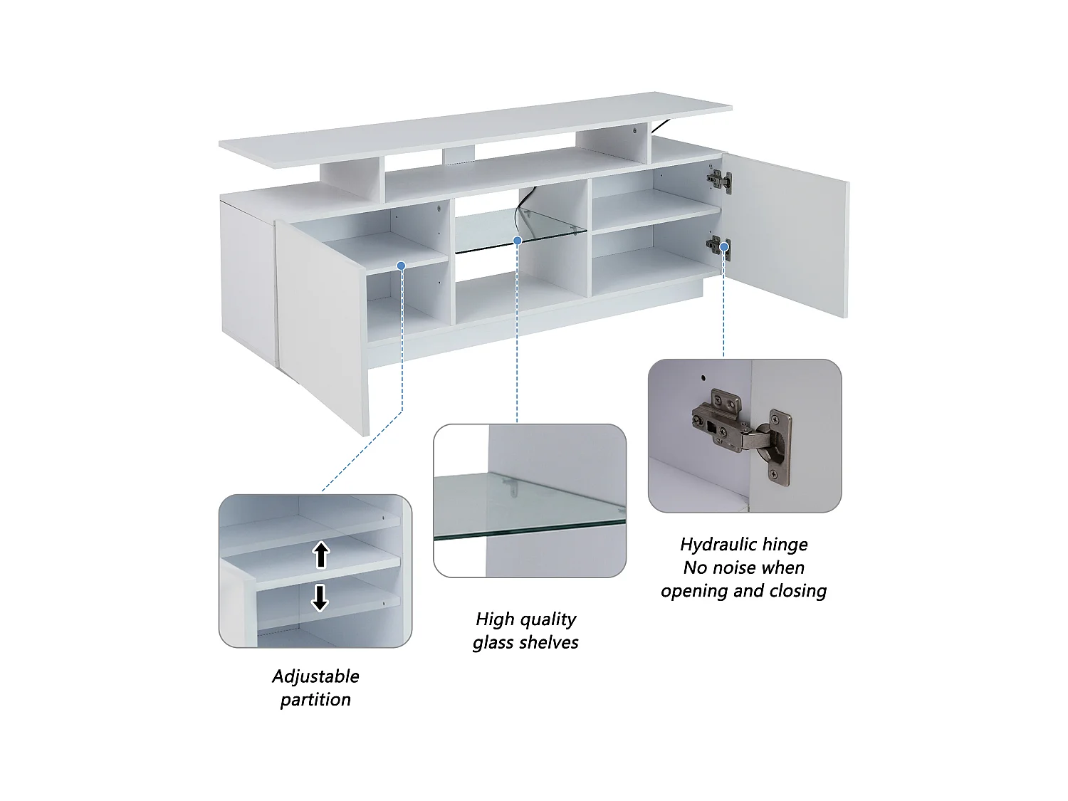 Meuble TV avec 2 portes et étagères pour téléviseur 60" - 140 x 35 x 55 cm - LEDs - Panneaux de particules - blanc brillant