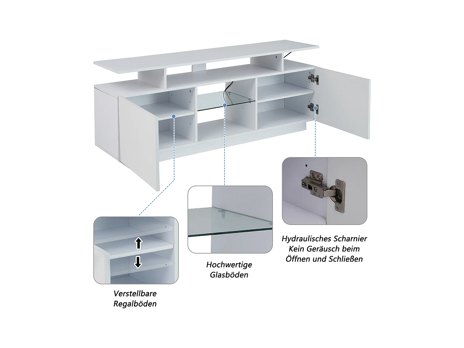 Meuble TV avec 2 portes et étagères pour téléviseur 60" - 140 x 35 x 55 cm - LEDs - Panneaux de particules - blanc brillant