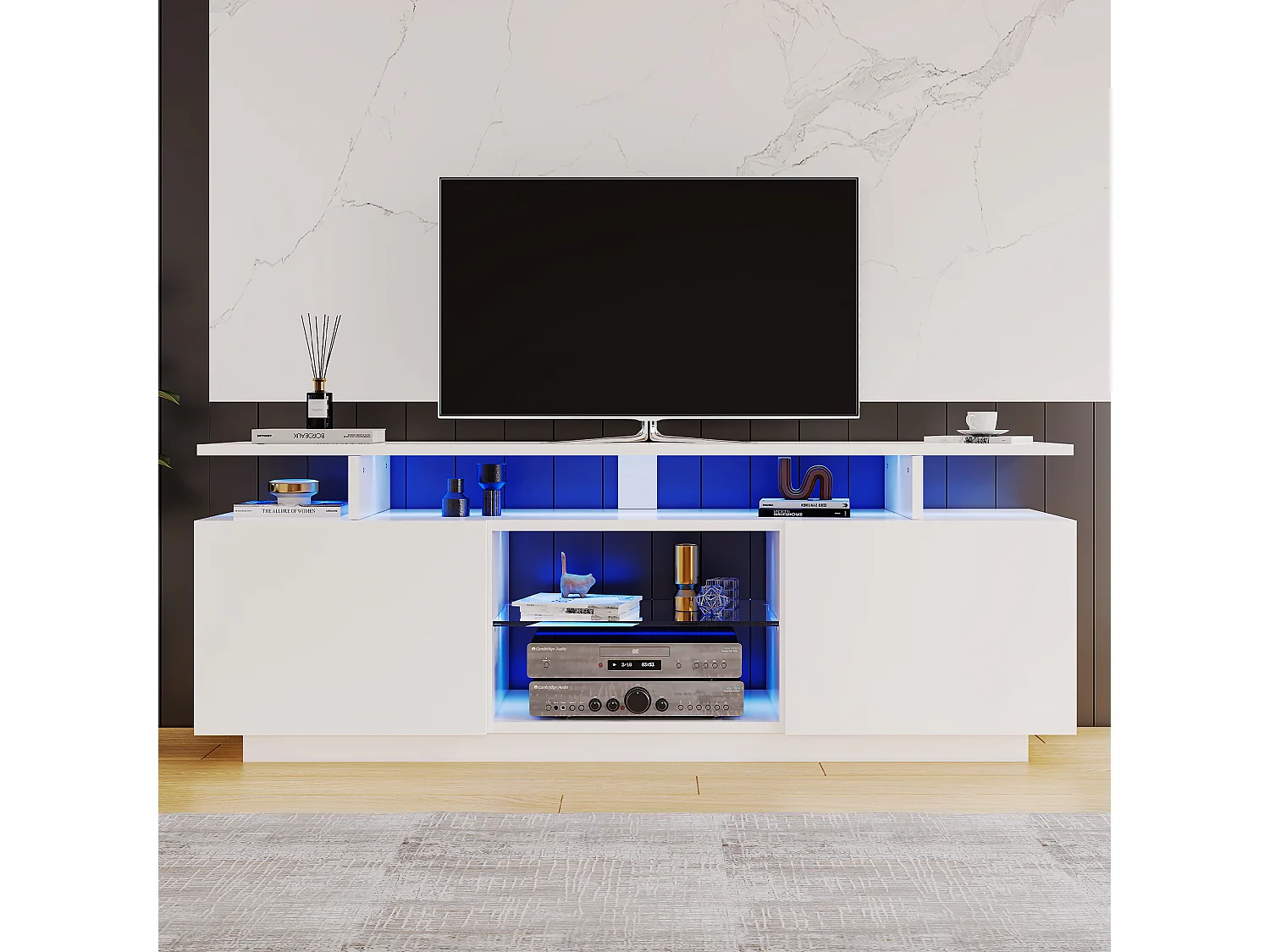 Meuble TV avec 2 portes et étagères pour téléviseur 60" - 140 x 35 x 55 cm - LEDs - Panneaux de particules - blanc brillant