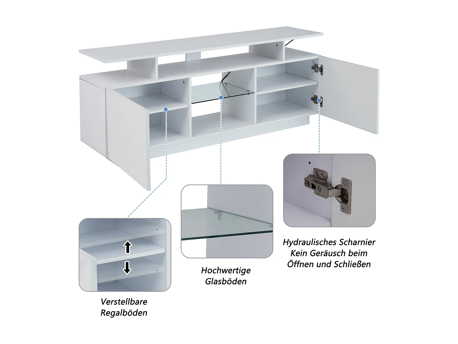 Meuble TV avec 2 portes et étagères pour téléviseur 60" - 140 x 35 x 55 cm - LEDs - Panneaux de particules - blanc brillant
