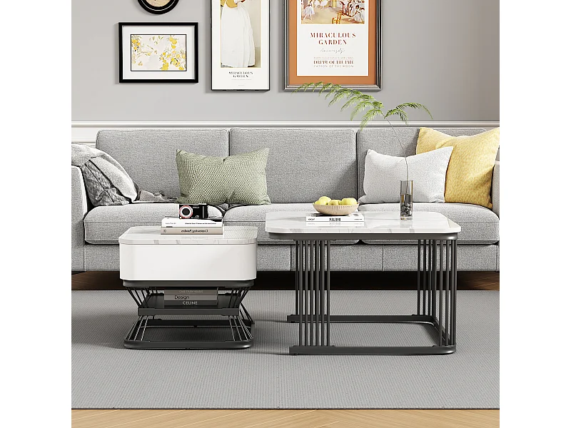 Ensemble de 2 tables basses - 70 x 70 x 45 cm + 50 x 50 x 40 cm - aspect marbre brillant - avec 1 tiroir - MDF + métal - blanc + noir