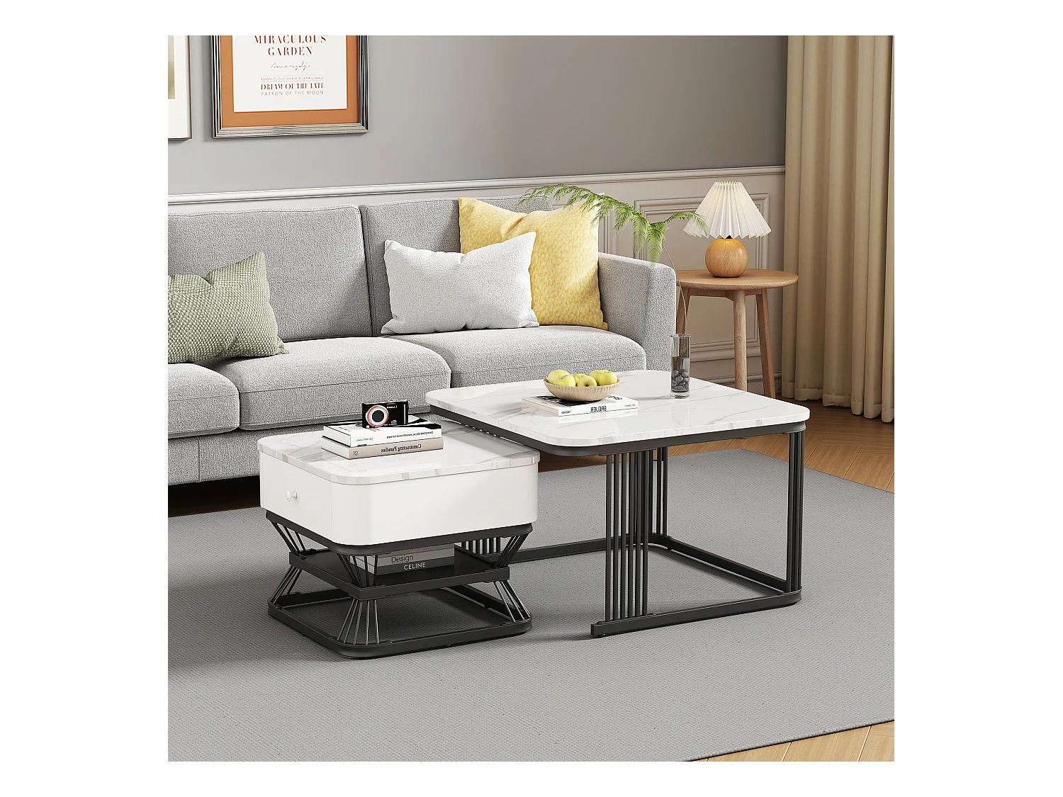 Ensemble de 2 tables basses - 70 x 70 x 45 cm + 50 x 50 x 40 cm - aspect marbre brillant - avec 1 tiroir - MDF + métal - blanc + noir