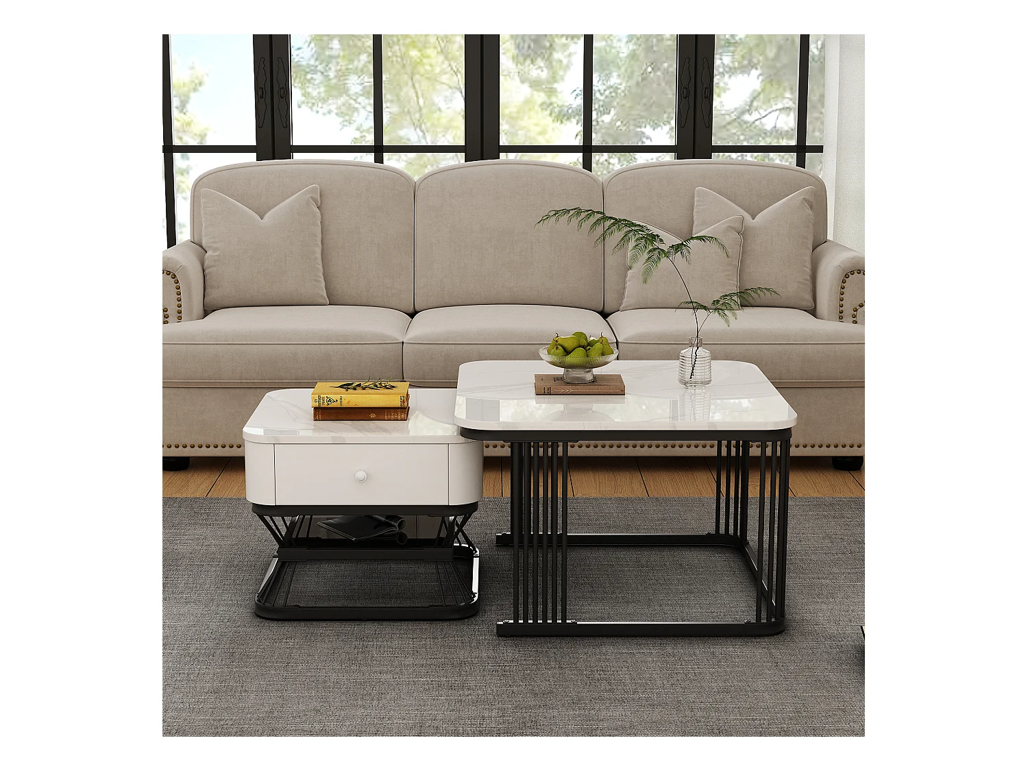 Ensemble de 2 tables basses - 70 x 70 x 45 cm + 50 x 50 x 40 cm - aspect marbre brillant - avec 1 tiroir - MDF + métal - blanc + noir