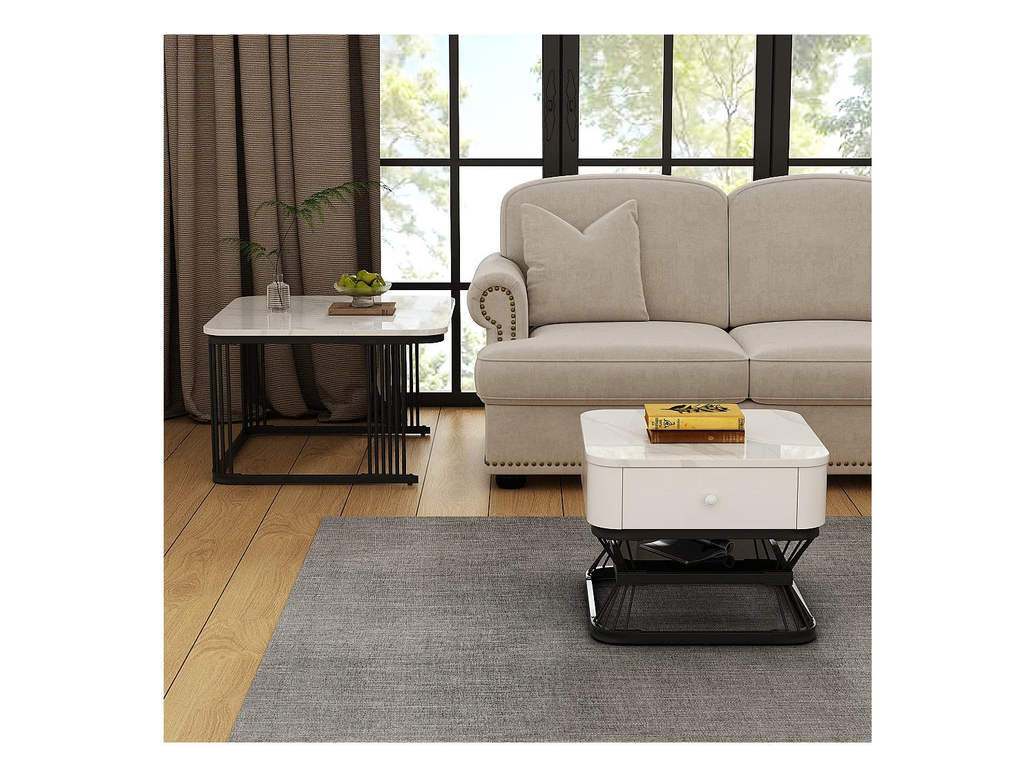 Ensemble de 2 tables basses - 70 x 70 x 45 cm + 50 x 50 x 40 cm - aspect marbre brillant - avec 1 tiroir - MDF + métal - blanc + noir