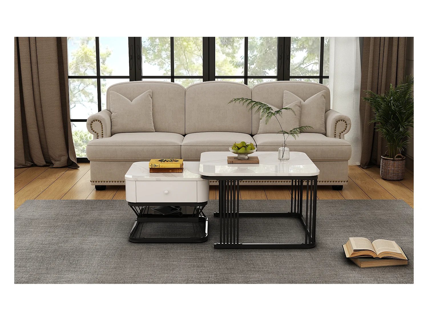 Ensemble de 2 tables basses - 70 x 70 x 45 cm + 50 x 50 x 40 cm - aspect marbre brillant - avec 1 tiroir - MDF + métal - blanc + noir