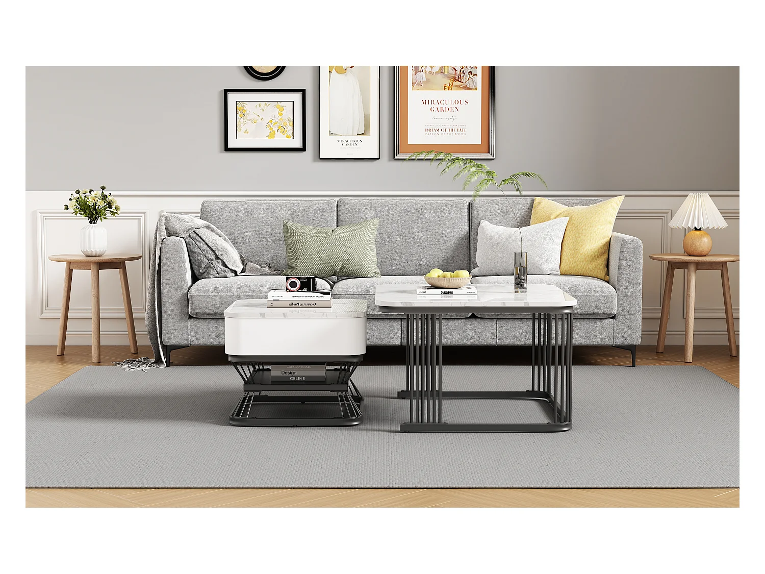 Ensemble de 2 tables basses - 70 x 70 x 45 cm + 50 x 50 x 40 cm - aspect marbre brillant - avec 1 tiroir - MDF + métal - blanc + noir