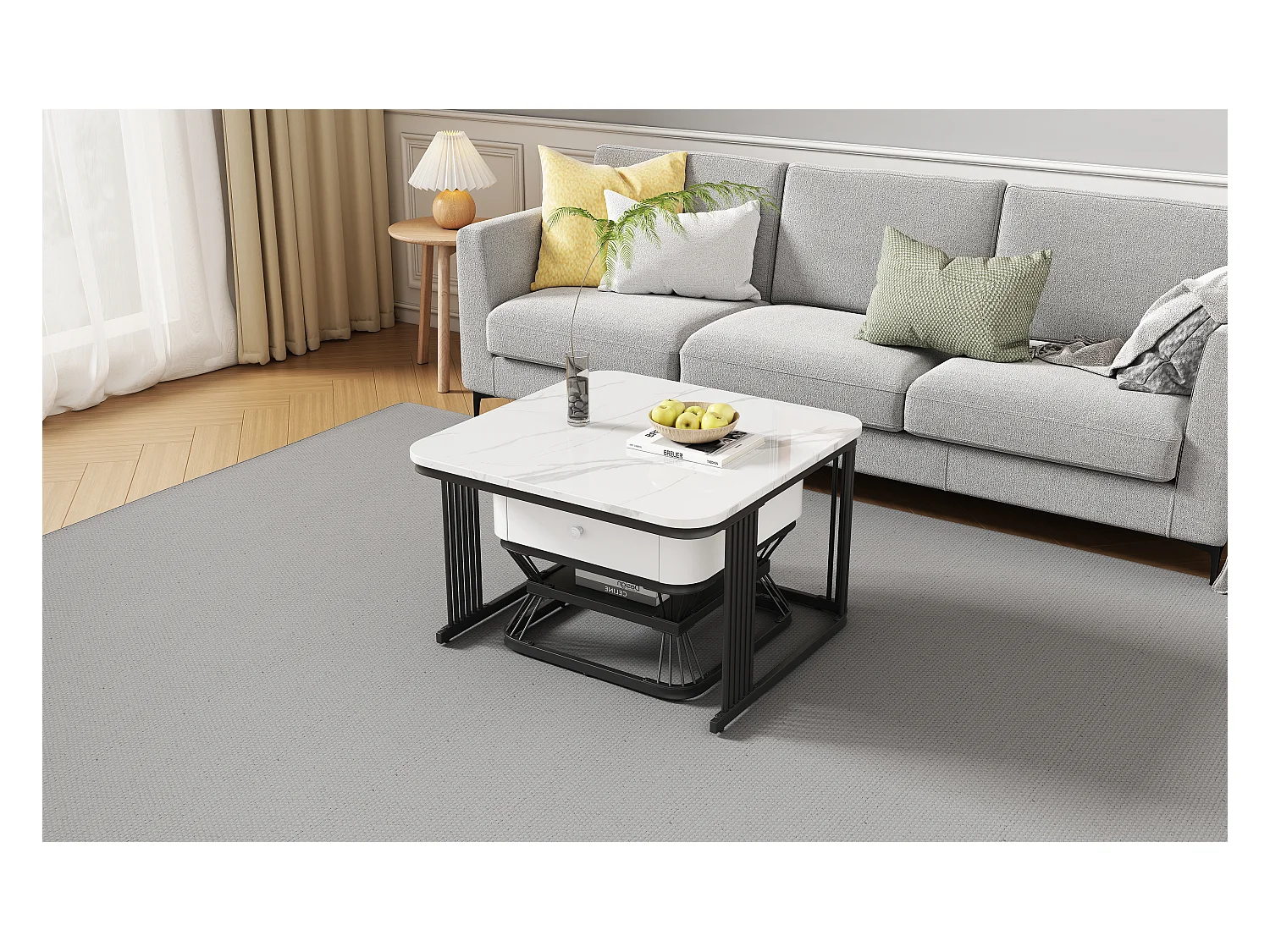 Ensemble de 2 tables basses - 70 x 70 x 45 cm + 50 x 50 x 40 cm - aspect marbre brillant - avec 1 tiroir - MDF + métal - blanc + noir