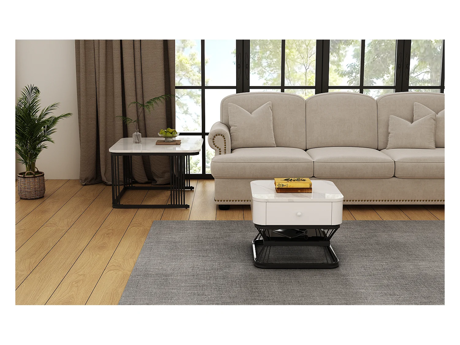 Ensemble de 2 tables basses - 70 x 70 x 45 cm + 50 x 50 x 40 cm - aspect marbre brillant - avec 1 tiroir - MDF + métal - blanc + noir