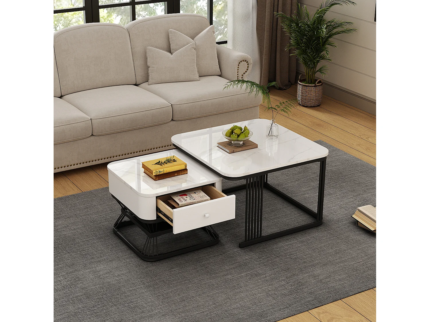 Ensemble de 2 tables basses - 70 x 70 x 45 cm + 50 x 50 x 40 cm - aspect marbre brillant - avec 1 tiroir - MDF + métal - blanc + noir