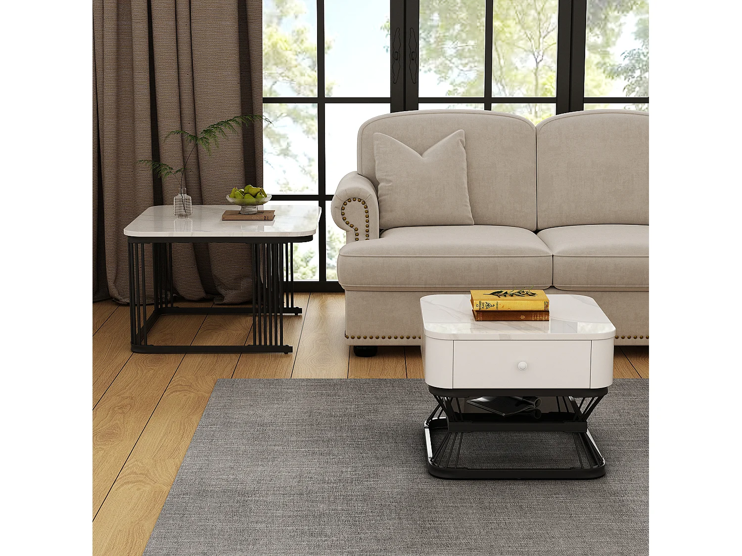 Ensemble de 2 tables basses - 70 x 70 x 45 cm + 50 x 50 x 40 cm - aspect marbre brillant - avec 1 tiroir - MDF + métal - blanc + noir