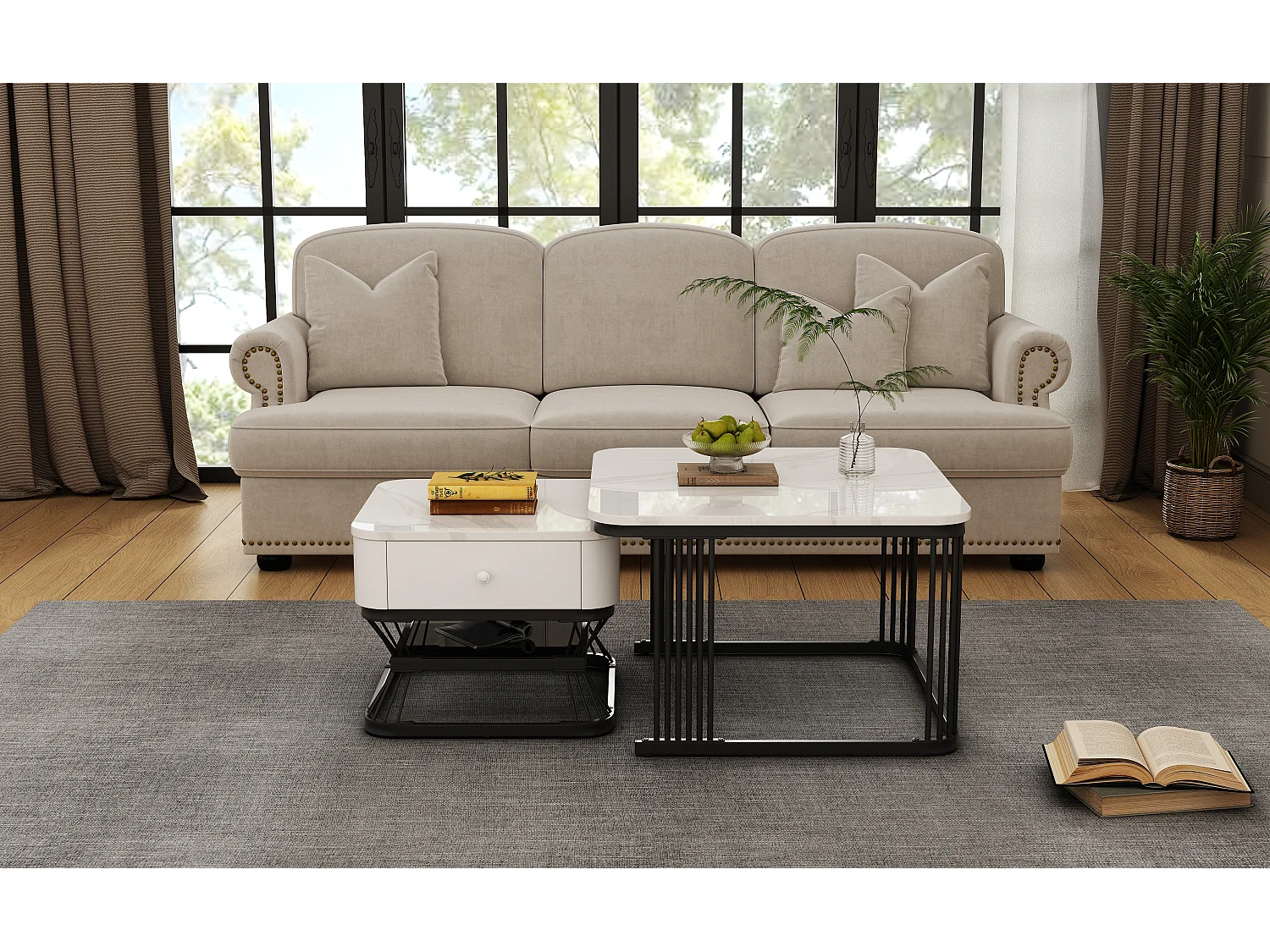 Ensemble de 2 tables basses - 70 x 70 x 45 cm + 50 x 50 x 40 cm - aspect marbre brillant - avec 1 tiroir - MDF + métal - blanc + noir