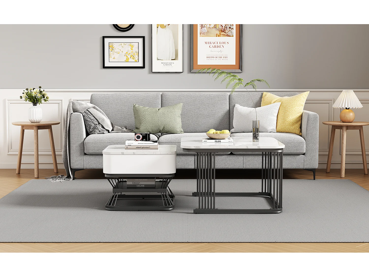 Ensemble de 2 tables basses - 70 x 70 x 45 cm + 50 x 50 x 40 cm - aspect marbre brillant - avec 1 tiroir - MDF + métal - blanc + noir