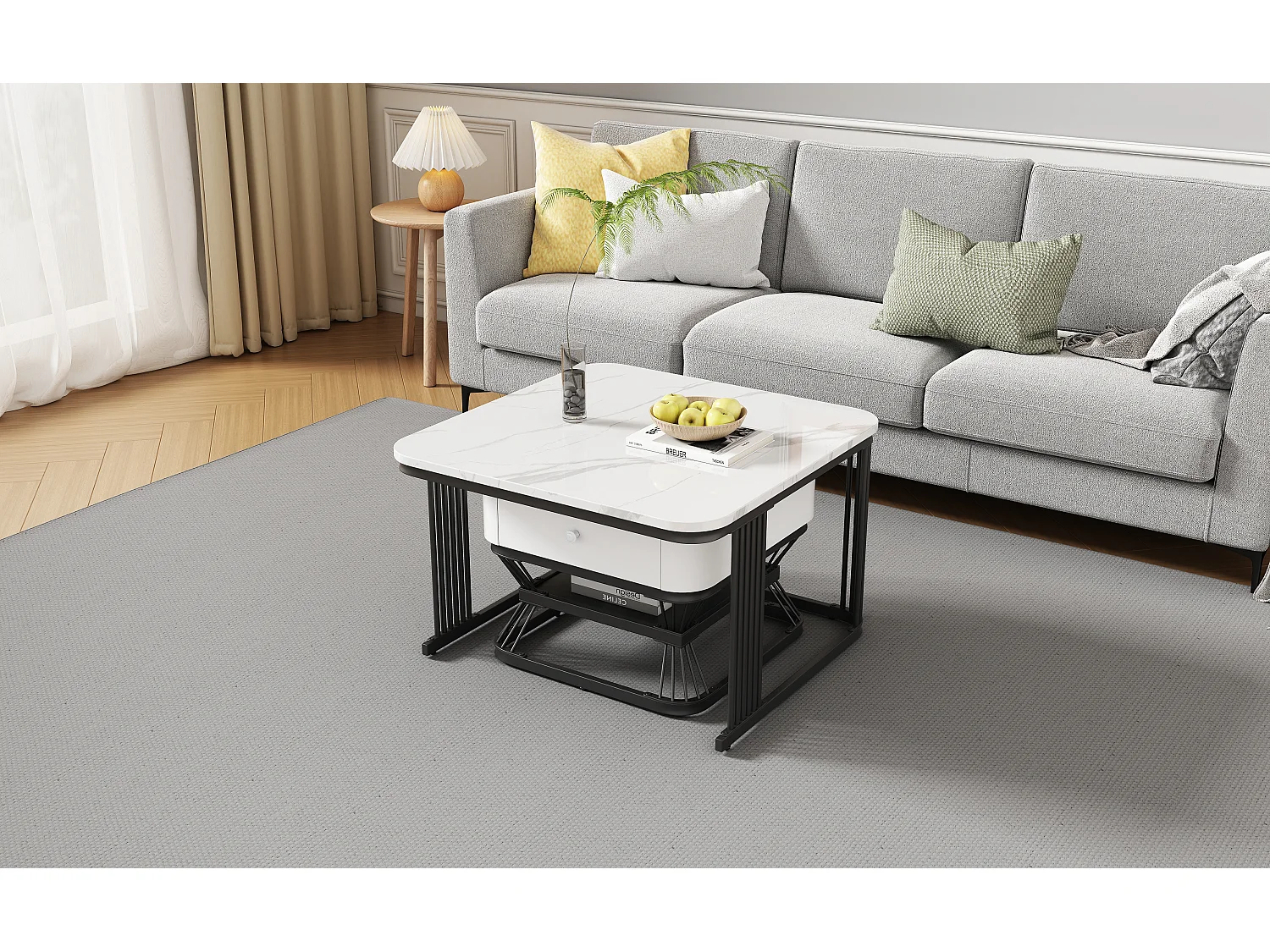 Ensemble de 2 tables basses - 70 x 70 x 45 cm + 50 x 50 x 40 cm - aspect marbre brillant - avec 1 tiroir - MDF + métal - blanc + noir