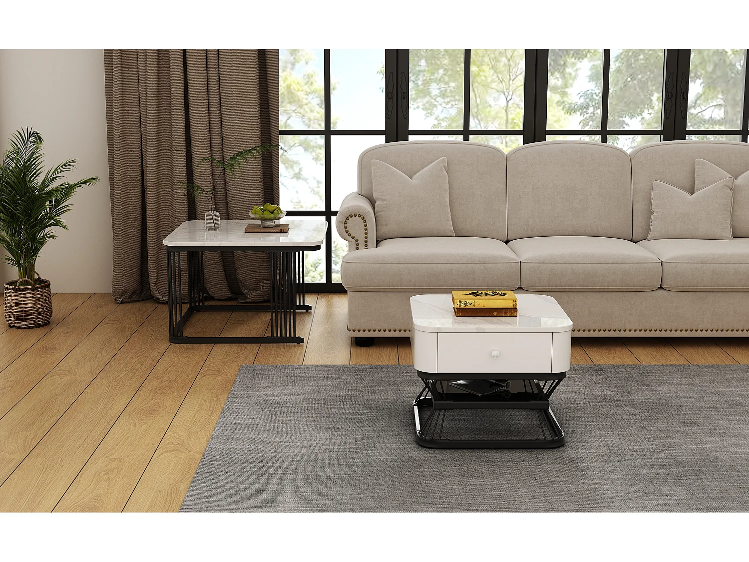 Ensemble de 2 tables basses - 70 x 70 x 45 cm + 50 x 50 x 40 cm - aspect marbre brillant - avec 1 tiroir - MDF + métal - blanc + noir