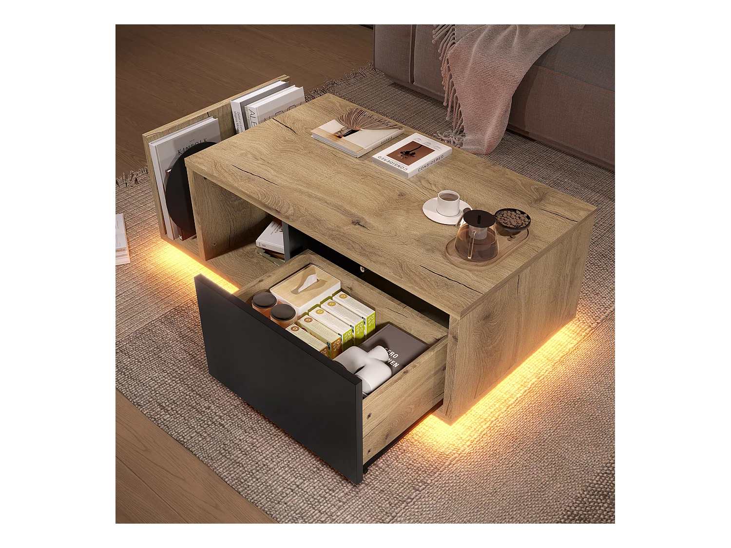 Salontafel met lade en ledverlichting, naturel en zwart, vintage stijl