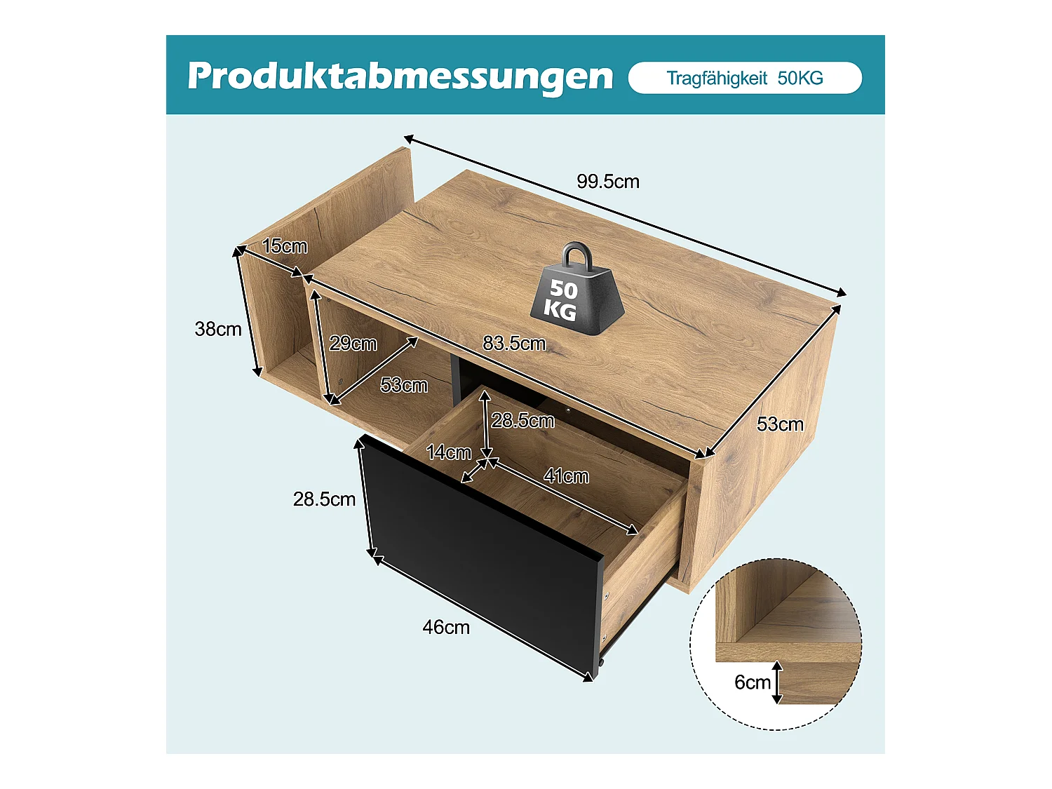 Salontafel met lade en ledverlichting, naturel en zwart, vintage stijl
