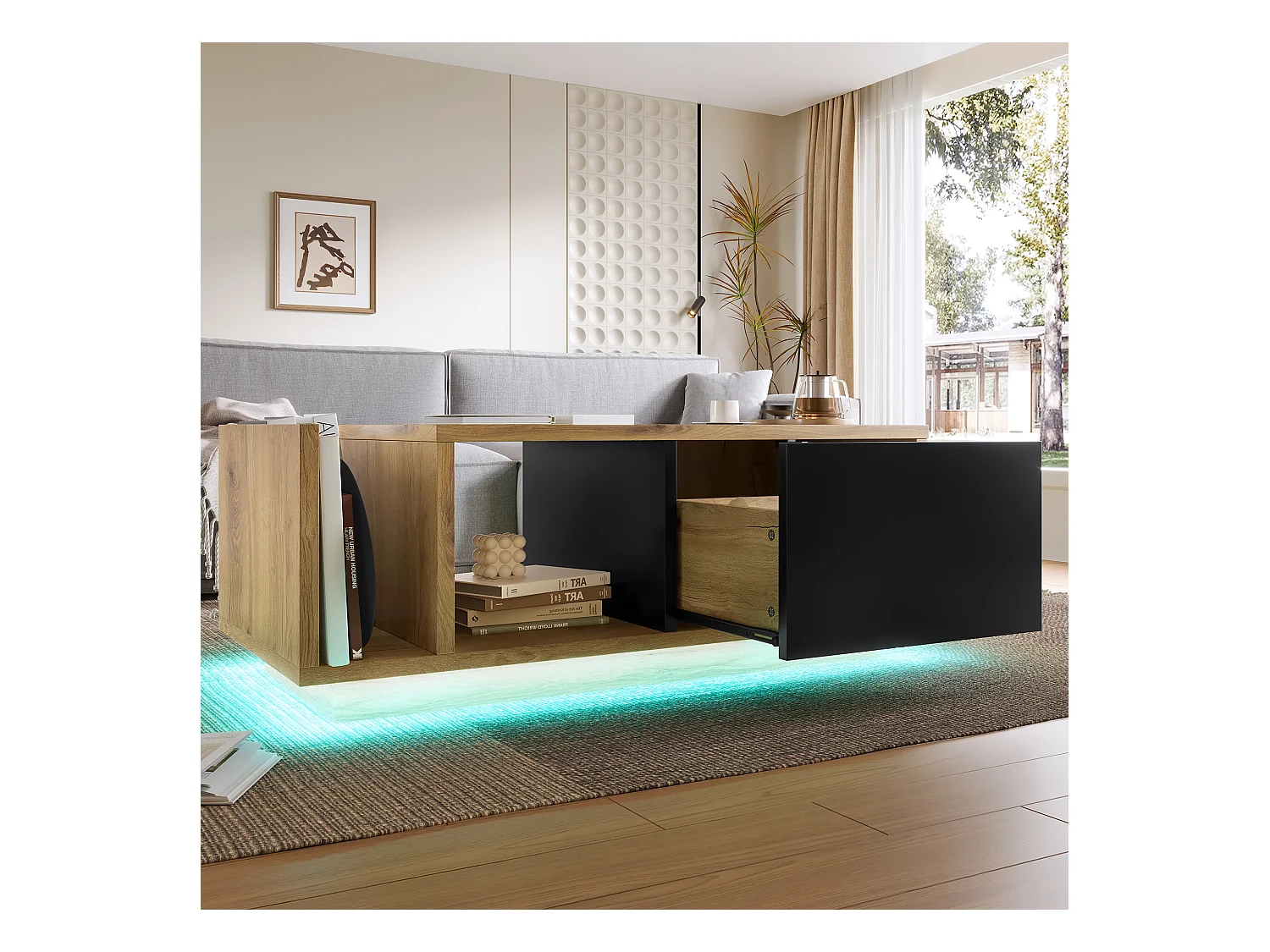 Salontafel met lade en ledverlichting, naturel en zwart, vintage stijl