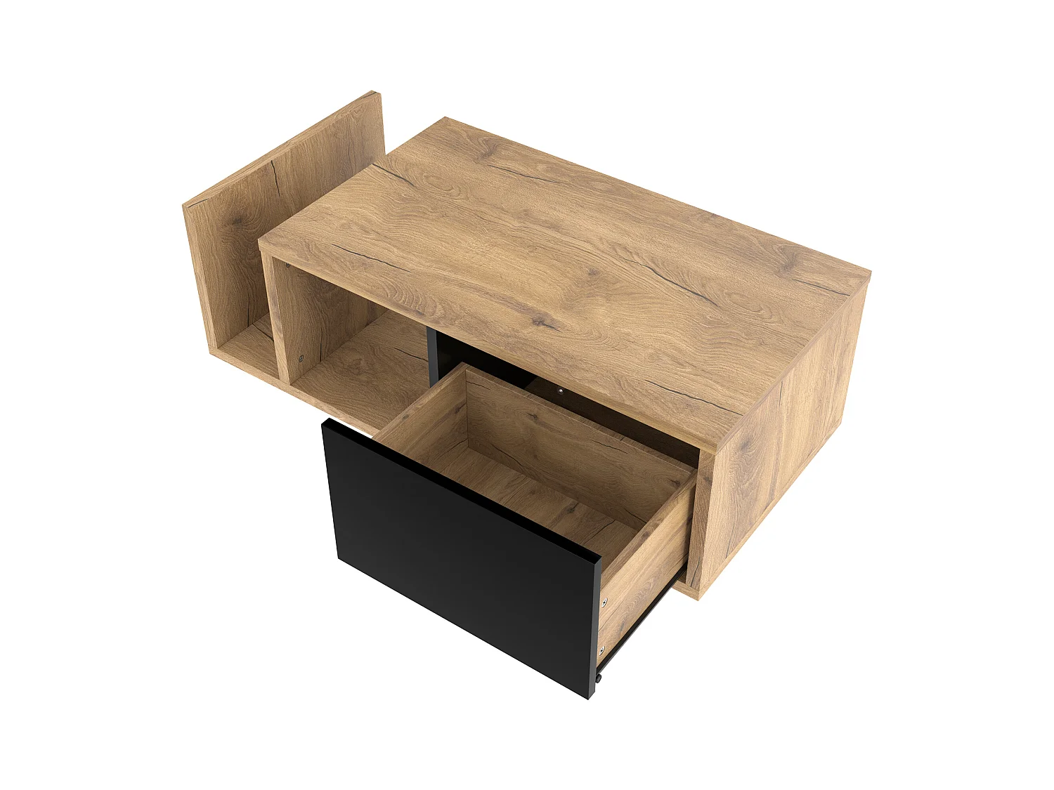 Salontafel met lade en ledverlichting, naturel en zwart, vintage stijl