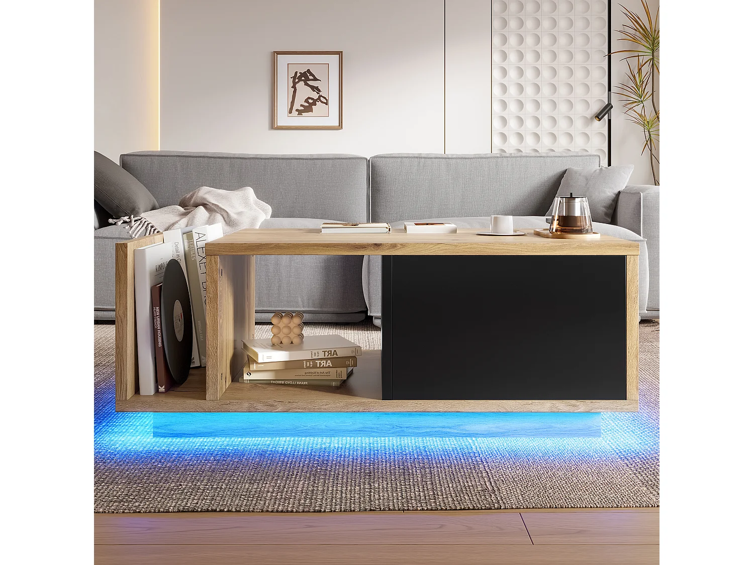 Table basse avec tiroir et lumières LED, naturelle et noire, style vintage