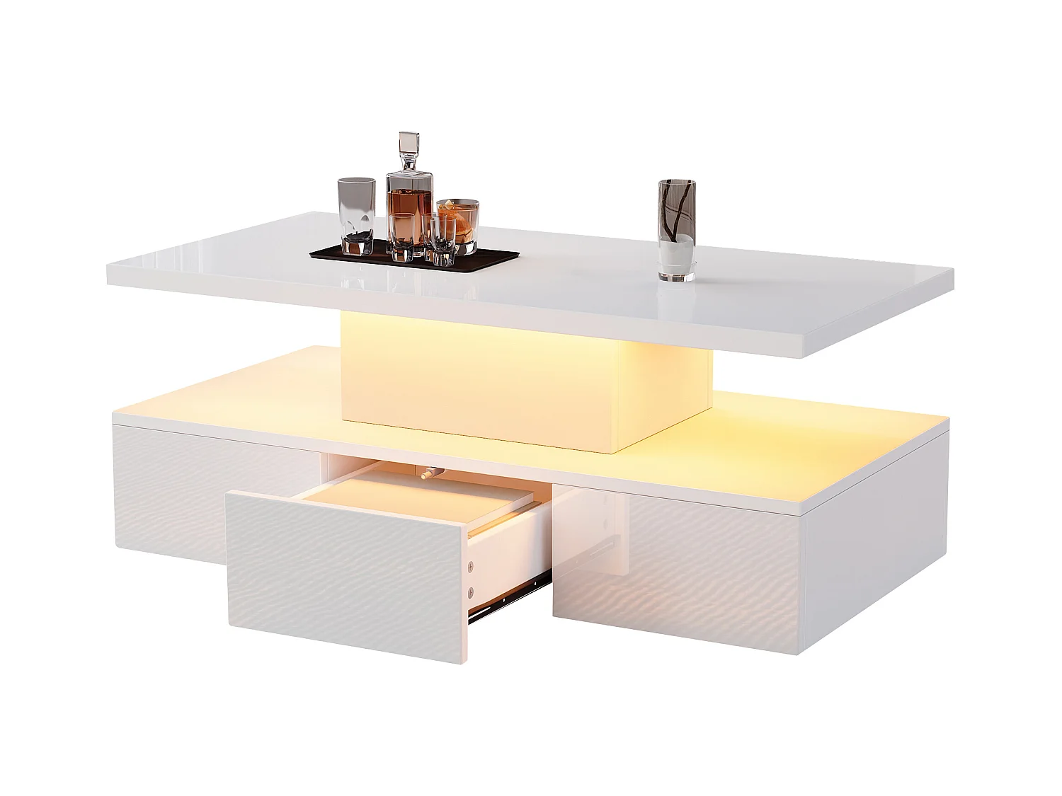 Table basse blanche avec tiroir et lumières LED 16 couleurs, design double couche