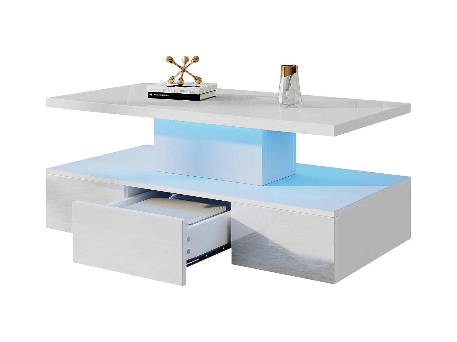Table basse blanche avec tiroir et lumières LED 16 couleurs, design double couche