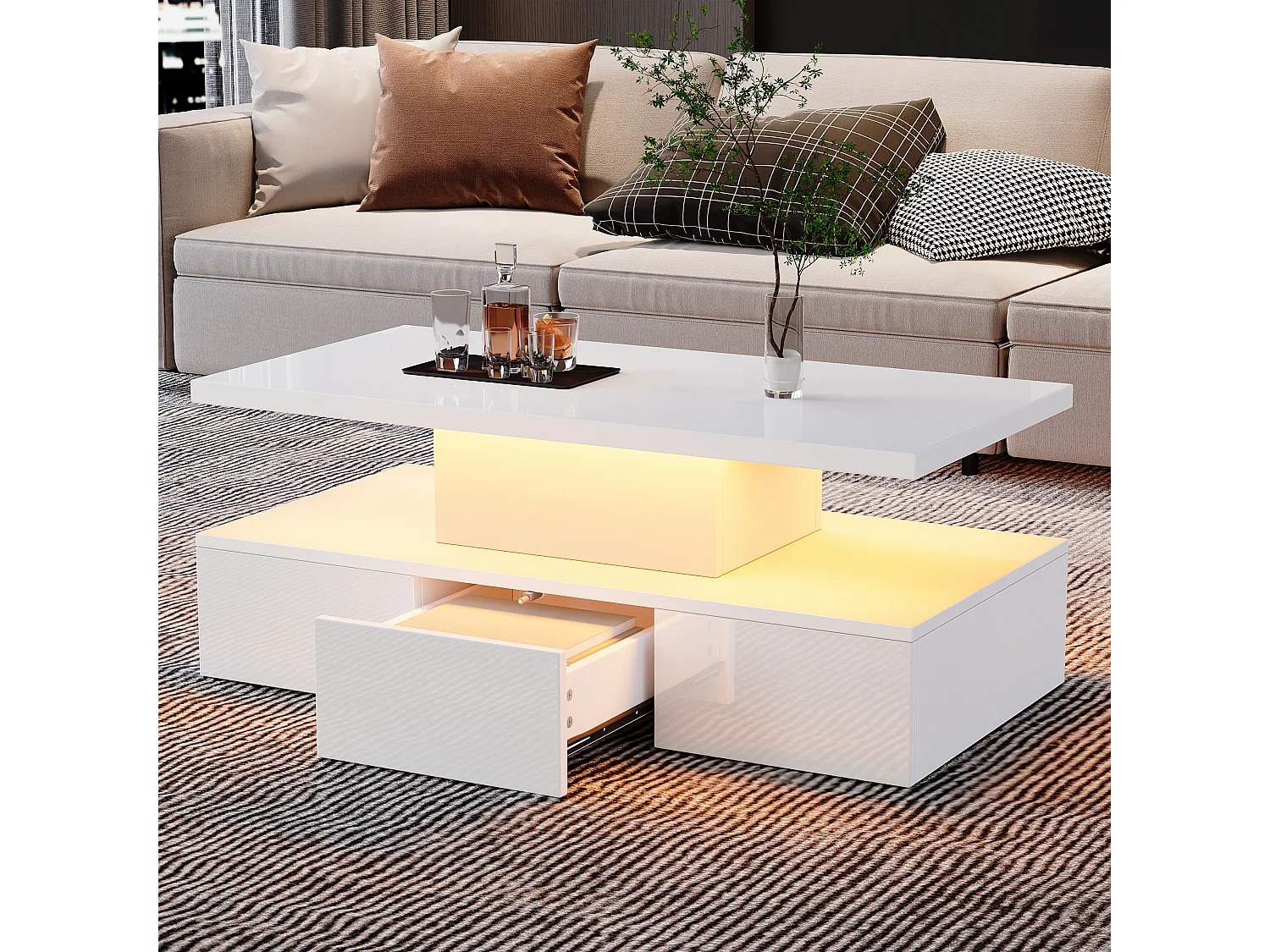 Mesa de centro branca com gaveta e luzes LED de 16 cores, design de camada dupla