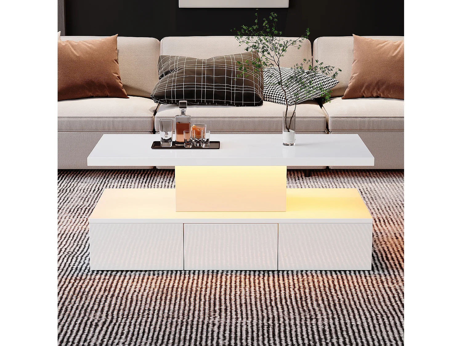 Mesa de centro branca com gaveta e luzes LED de 16 cores, design de camada dupla