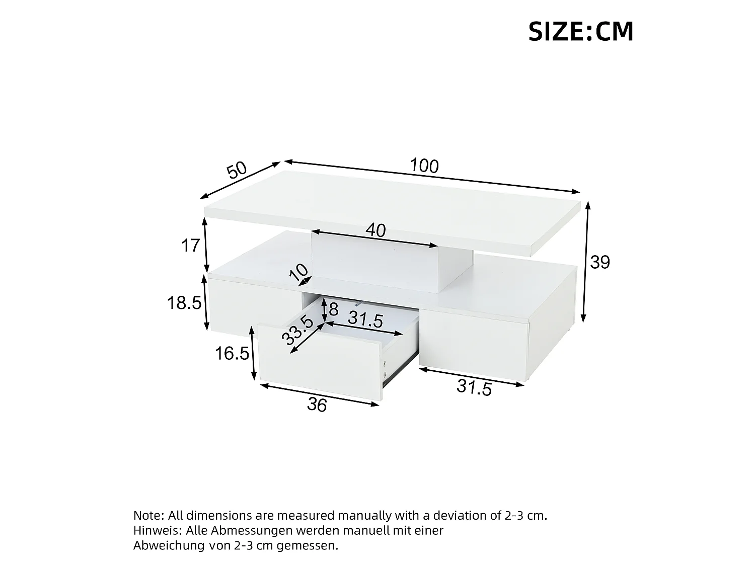 Mesa de centro branca com gaveta e luzes LED de 16 cores, design de camada dupla