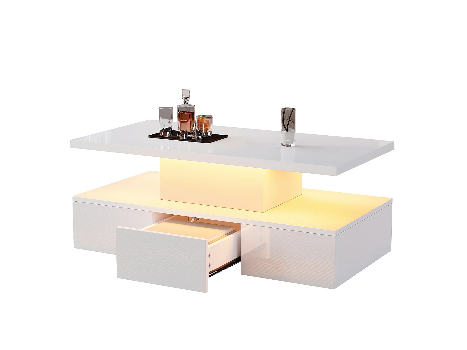 Mesa de centro branca com gaveta e luzes LED de 16 cores, design de camada dupla