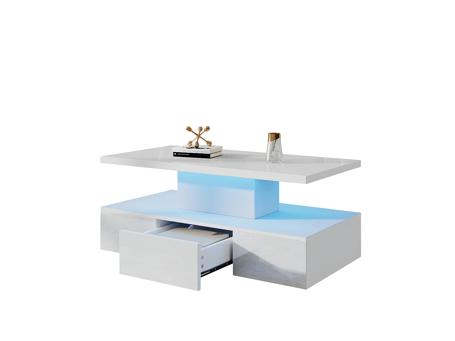 Mesa de centro branca com gaveta e luzes LED de 16 cores, design de camada dupla