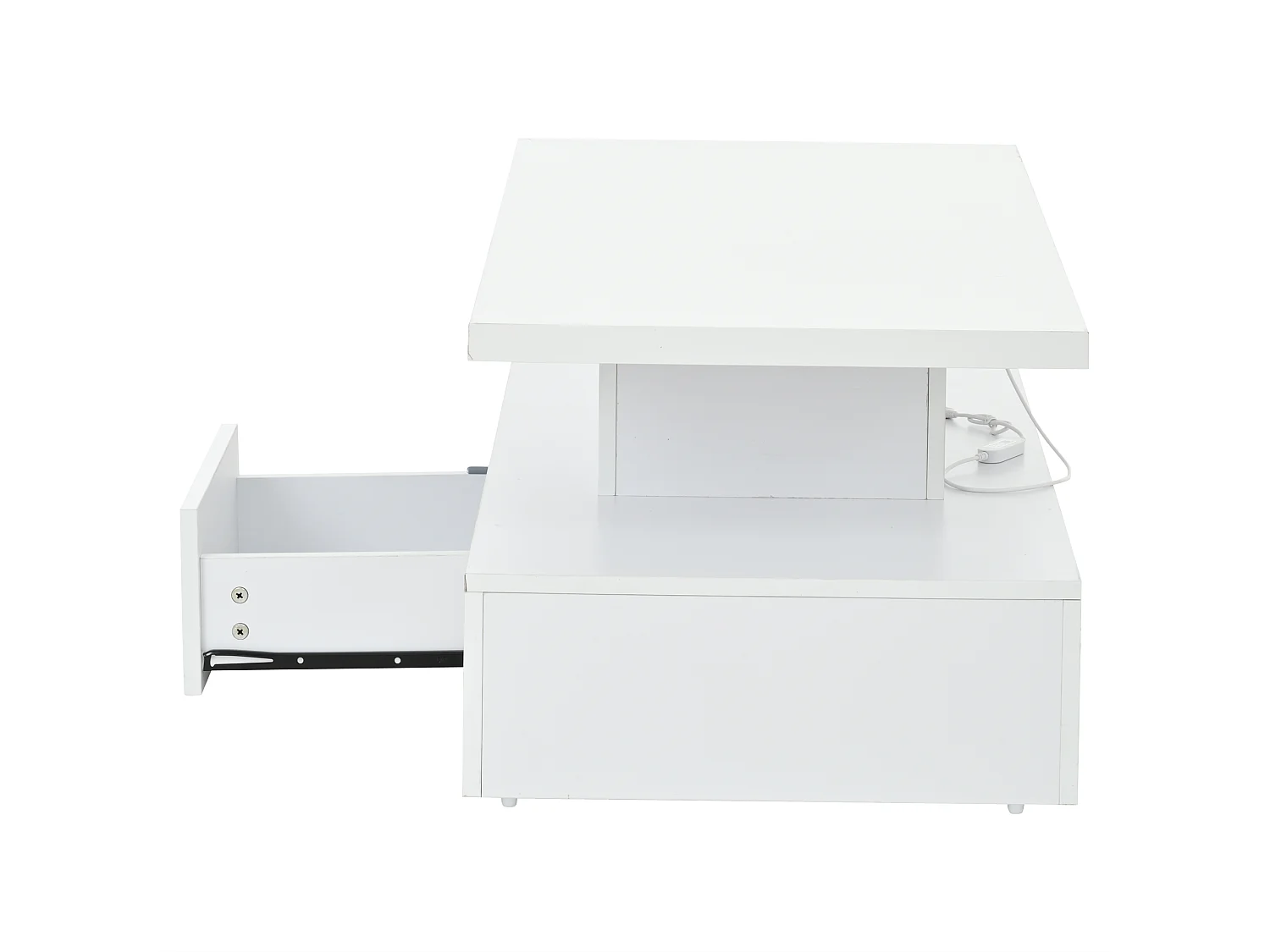 Mesa de centro branca com gaveta e luzes LED de 16 cores, design de camada dupla