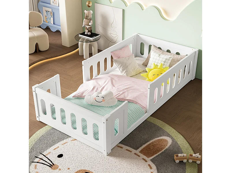 Wit kinderbed 90x200cm met halfgesloten spijlenhekje, zonder lattenbodem