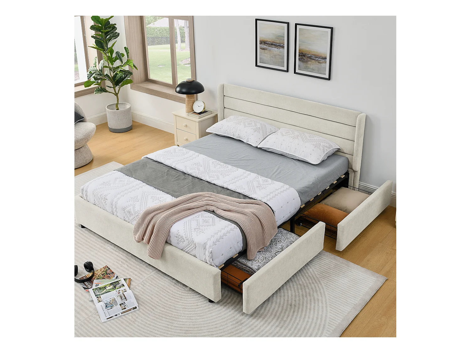 Cama doble adulto 160x200 cm con 4 cajones, tejido chenilla beige, sin colchón