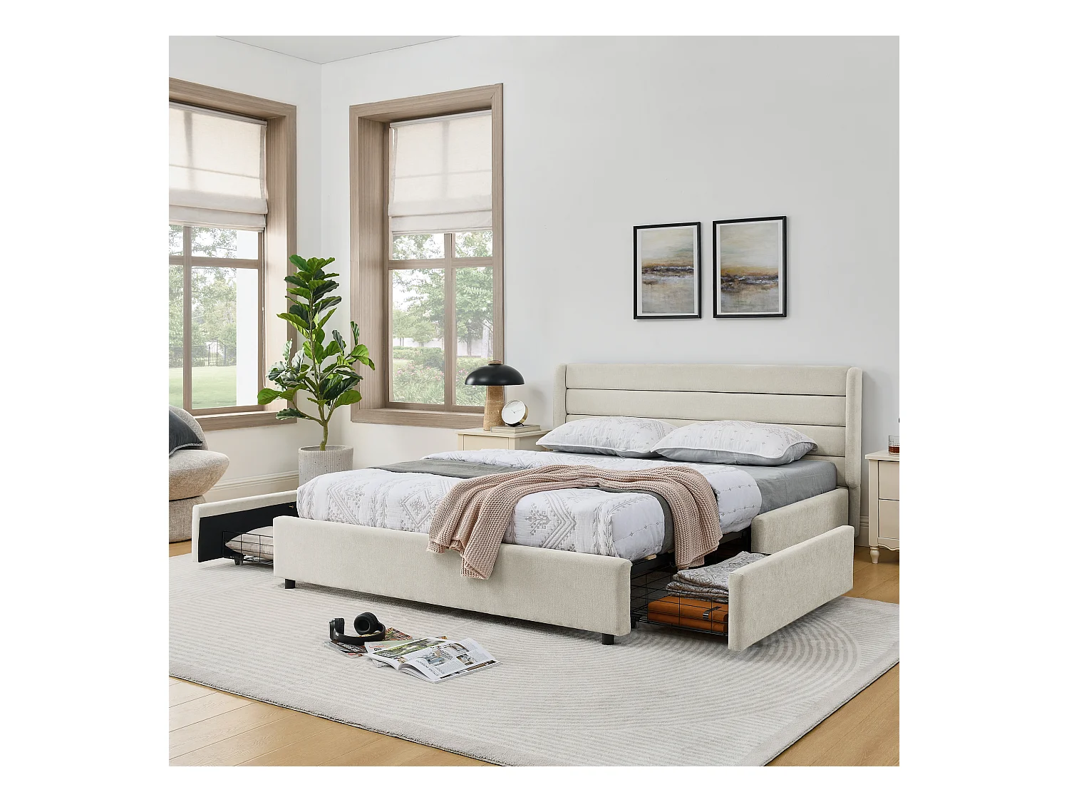 Cama doble adulto 160x200 cm con 4 cajones, tejido chenilla beige, sin colchón