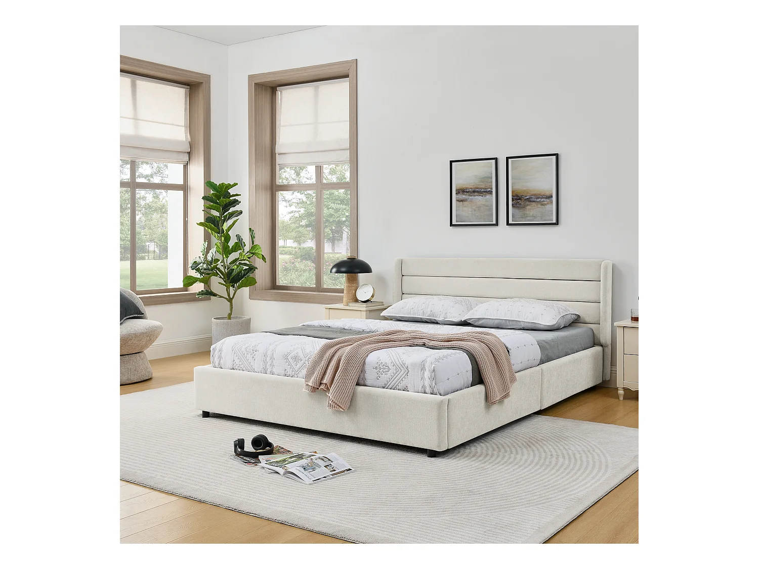 Cama doble adulto 160x200 cm con 4 cajones, tejido chenilla beige, sin colchón