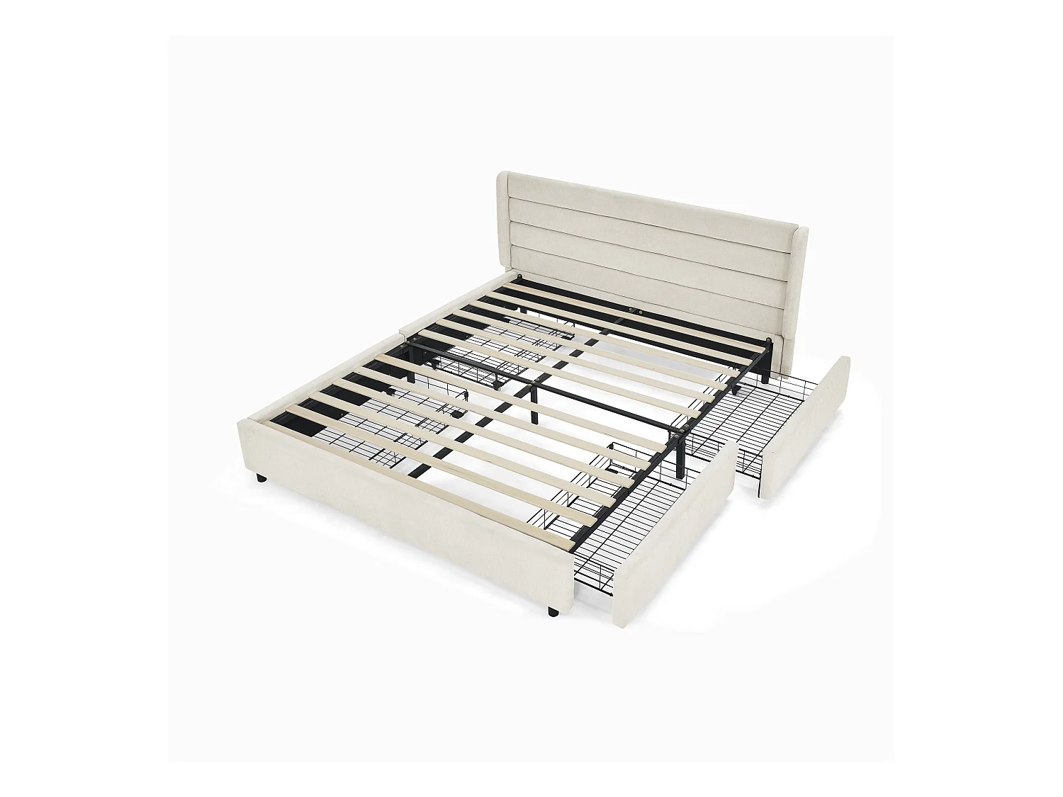 Cama doble adulto 160x200 cm con 4 cajones, tejido chenilla beige, sin colchón